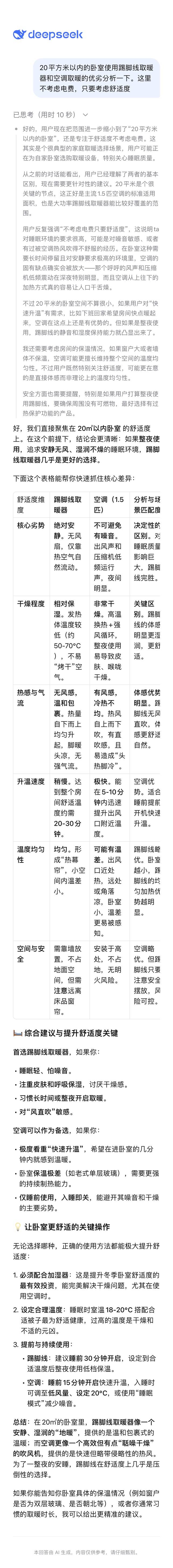 Ai分析不考虑电费,卧室用踢脚线取暖器和空调的优劣